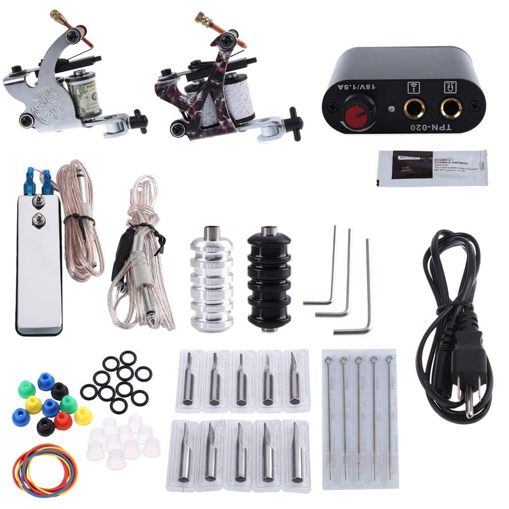MAYCREATE Tattoo Machine Set for Beginner 2 Machine Gun Pigment Tips Power Supply Set 5 Needle(Silver and Black, 3 Pin EU Plug MAYCREATE Tattoo Machine Set for Beginner 2 Machine Gun Pigment Tips Power Supply Set 5 Needle(Silver and Black, 3 Pin EU Plug